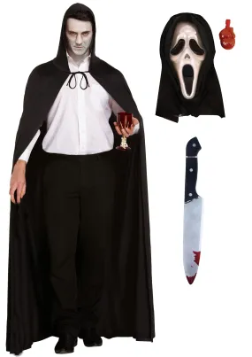 Horror Costume Set: Long Black Cape with Hood, Bleeding Scream Mask, and Fake Bloody Knife