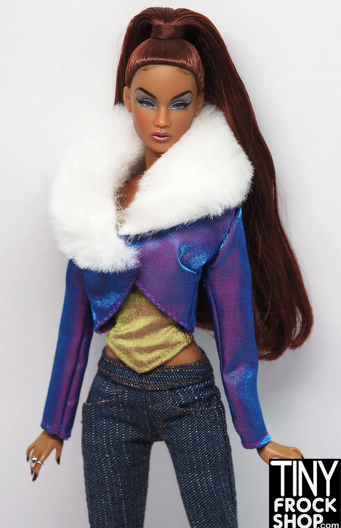 12" Fashion Doll Purple Irridescent Jacket with Faux Fur White Collar