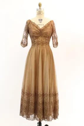 1950s nude TAMBOUR lace dress small | new fall