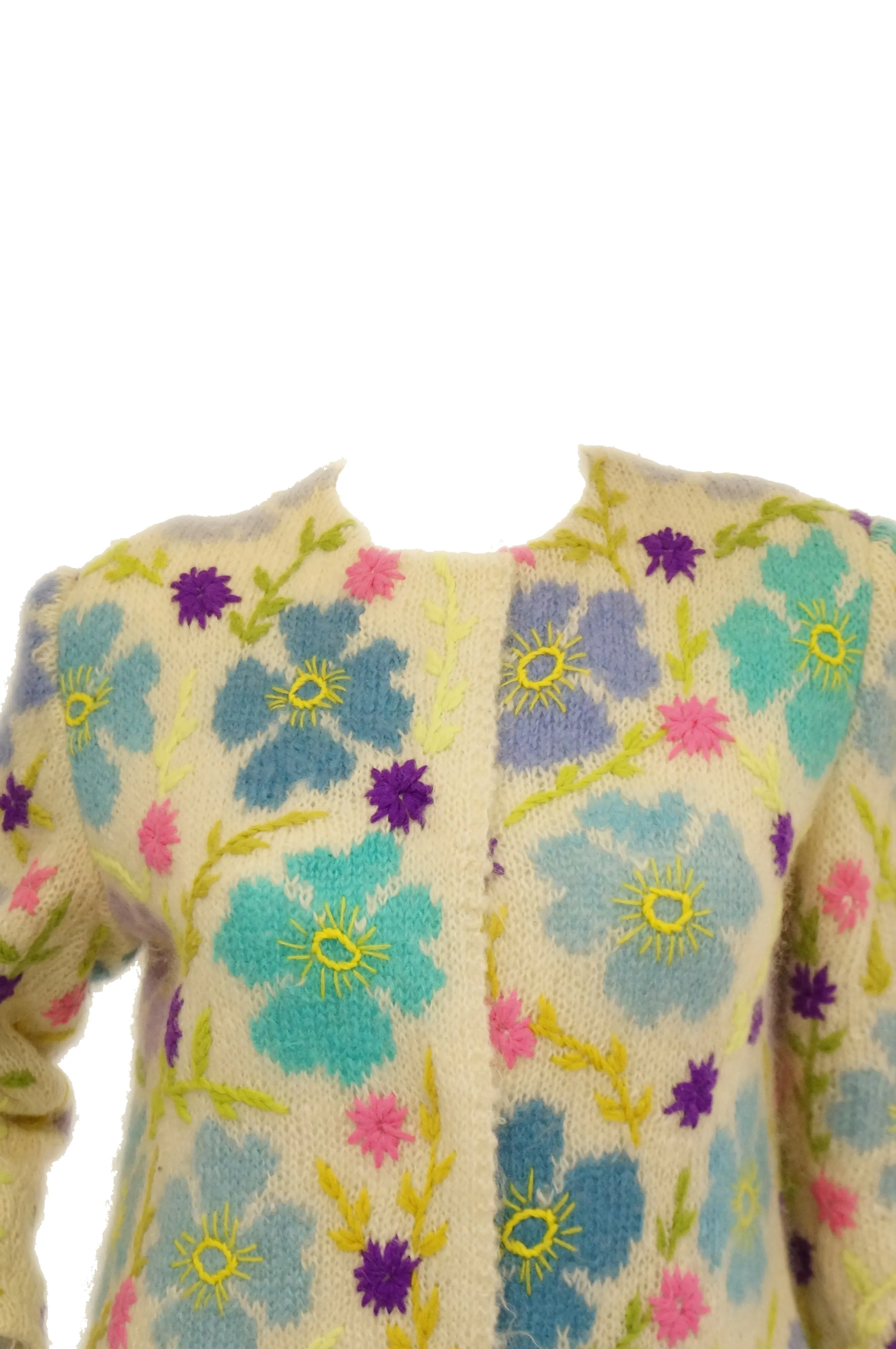 1960s Italian Hand Knit Floral Wool Sweater Coat