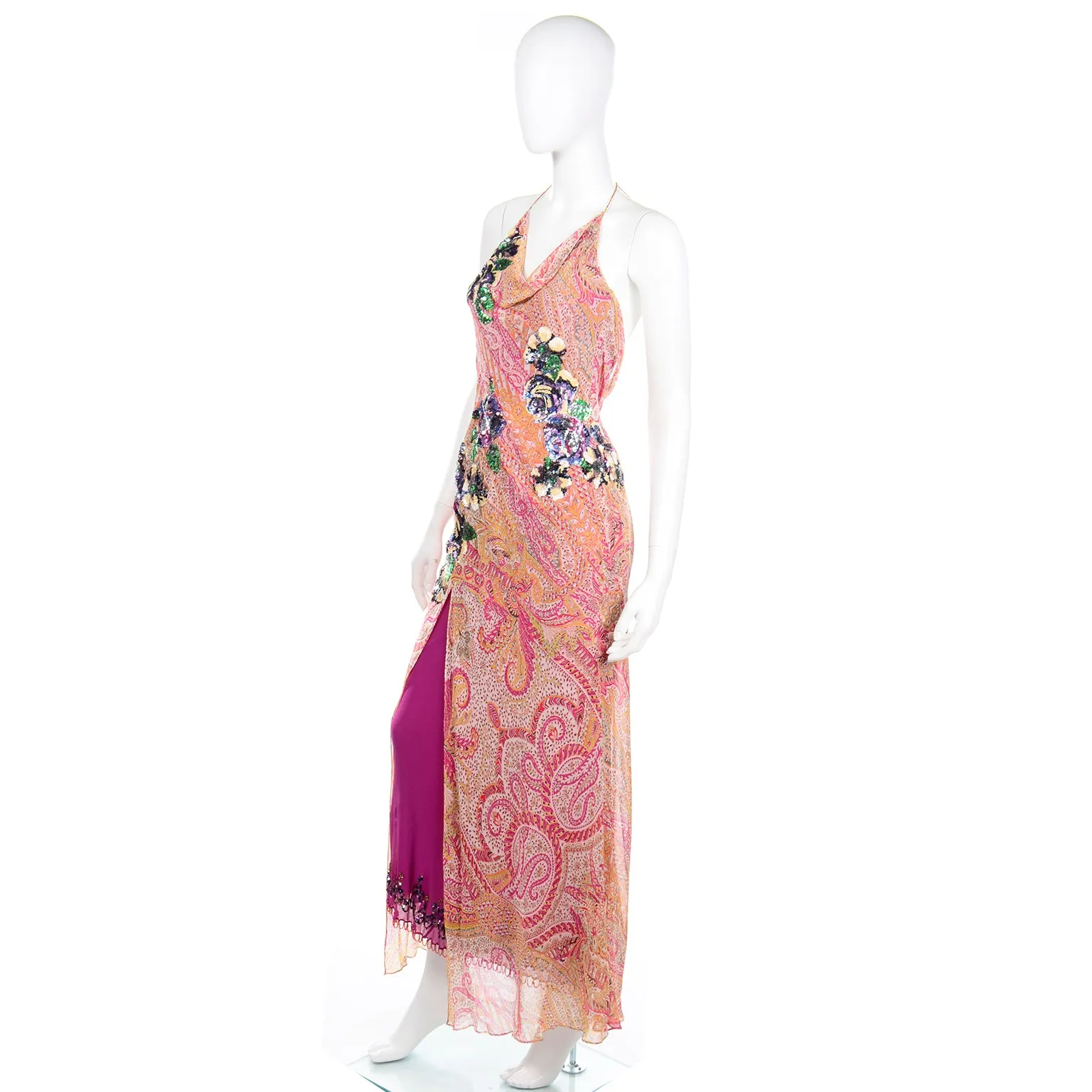 2000s Jenny Packham Silk Bias Cut Evening Dress w/ Beading and Sequins