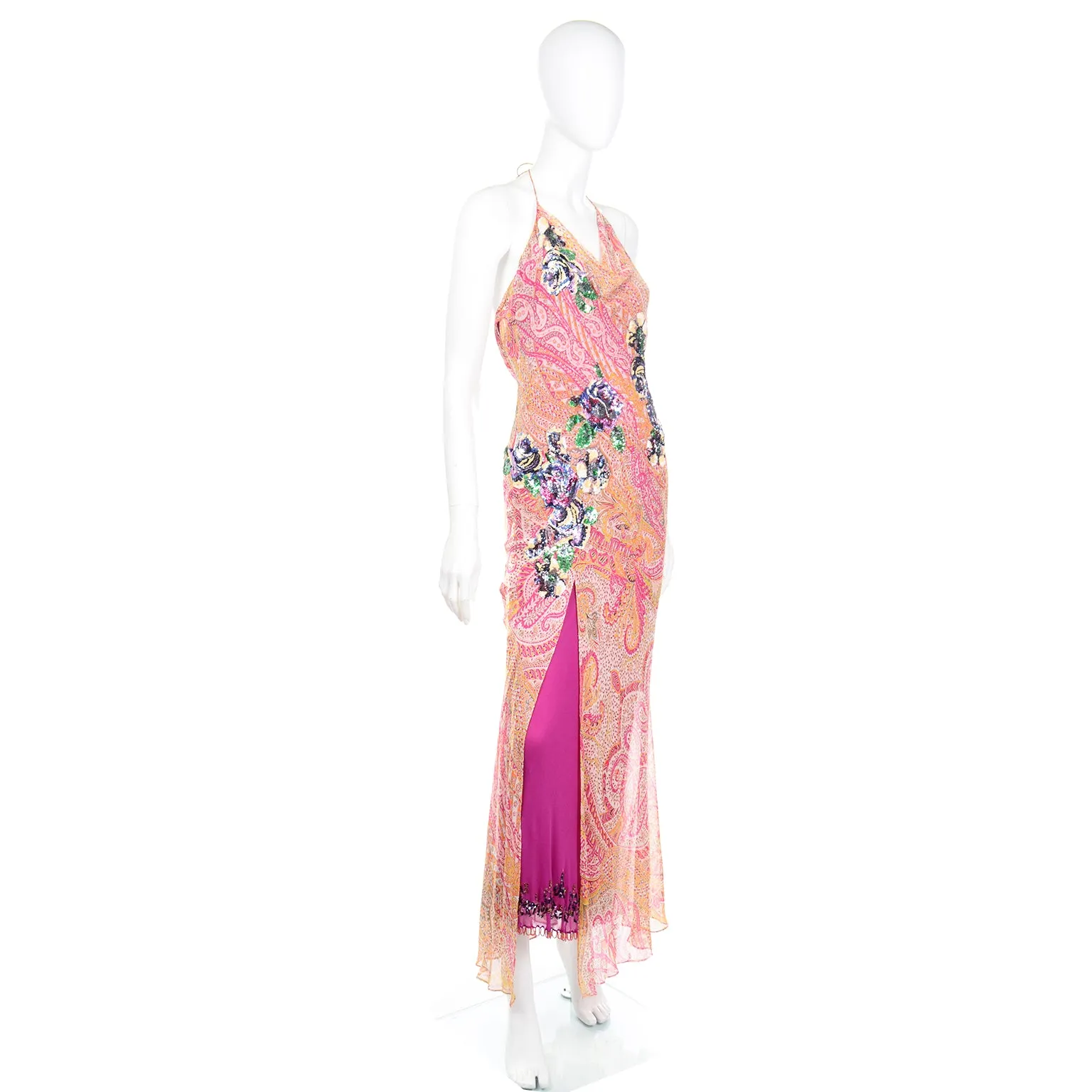 2000s Jenny Packham Silk Bias Cut Evening Dress w/ Beading and Sequins