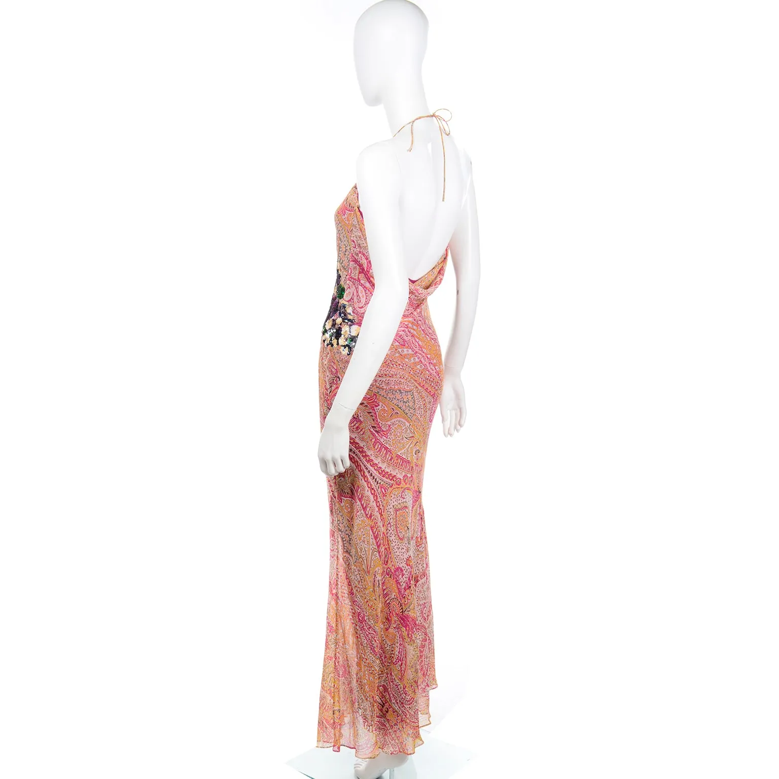 2000s Jenny Packham Silk Bias Cut Evening Dress w/ Beading and Sequins