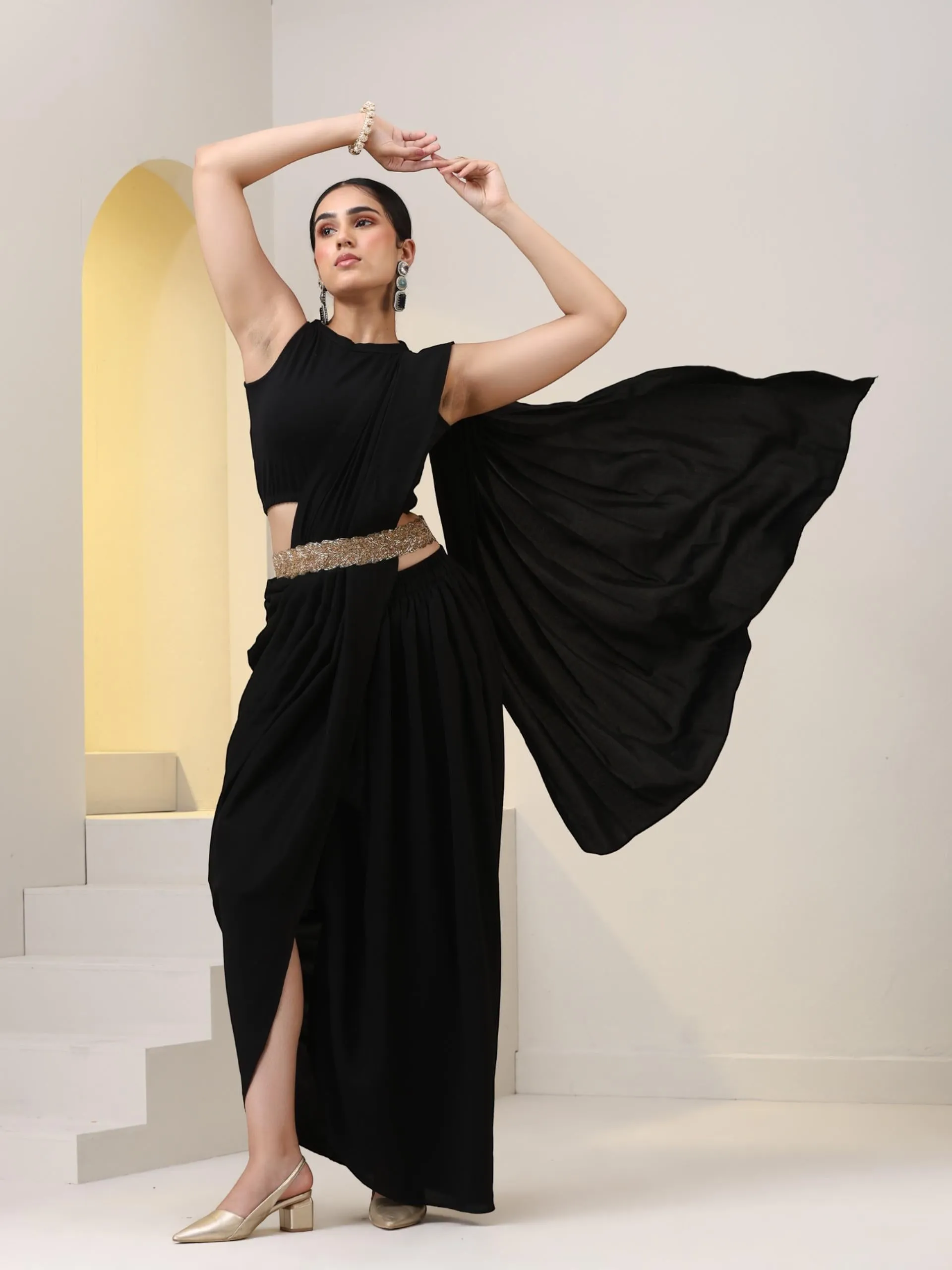 3 pc SET - Black Korean Pant Saree with Knit Blouse and Belt