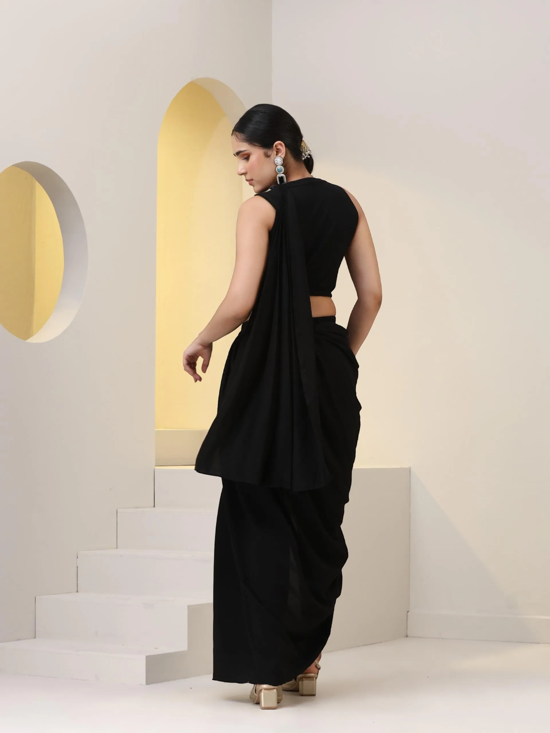 3 pc SET - Black Korean Pant Saree with Knit Blouse and Belt