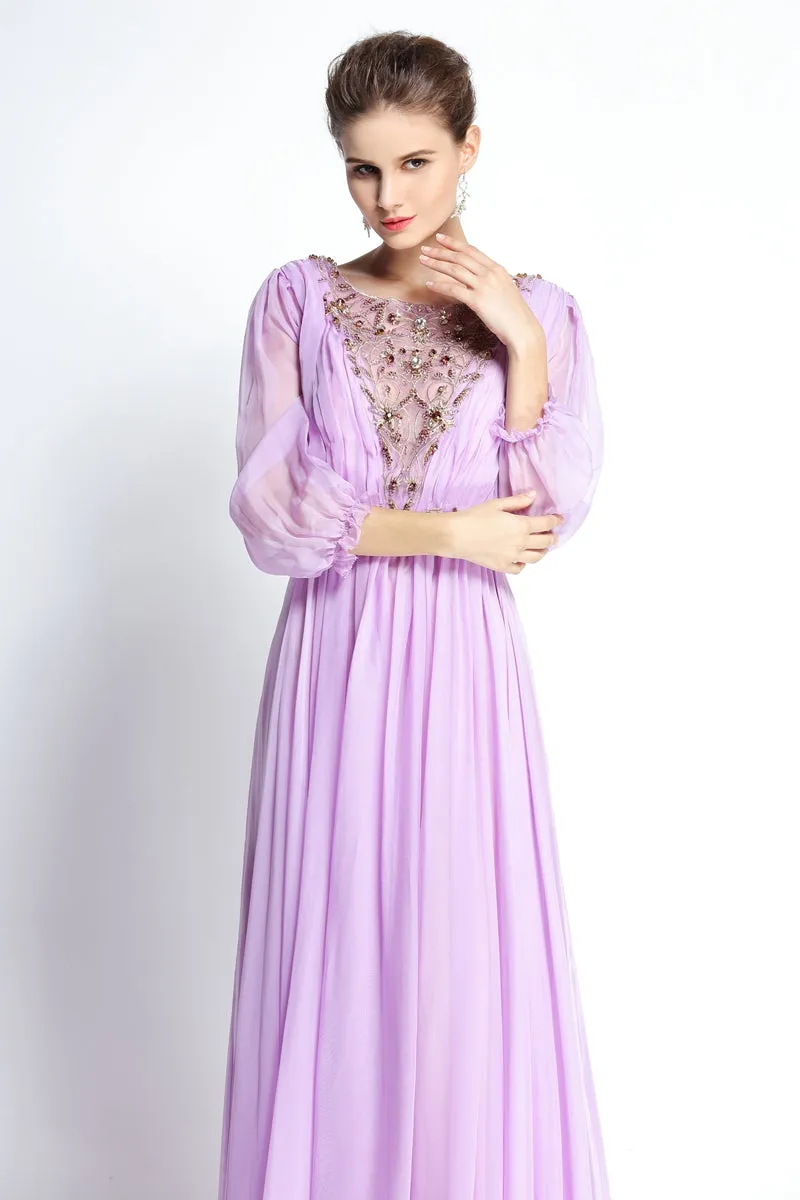 A-Line Floor-length Sweep Brush Train Bateau Chiffon Long Sleeve Prom Dress with Beading and Pleats-334098