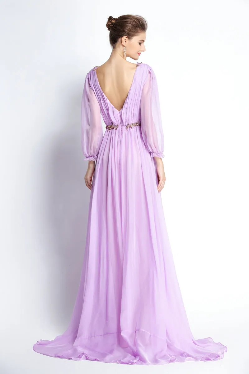 A-Line Floor-length Sweep Brush Train Bateau Chiffon Long Sleeve Prom Dress with Beading and Pleats-334098