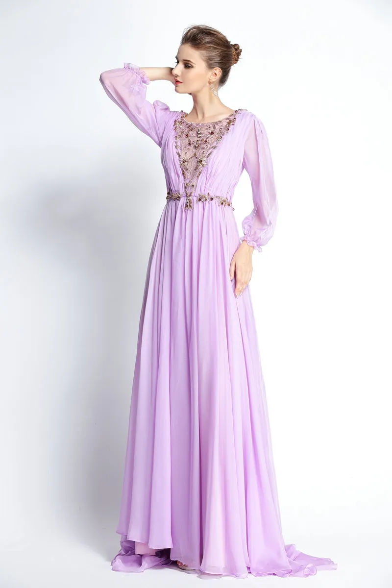 A-Line Floor-length Sweep Brush Train Bateau Chiffon Long Sleeve Prom Dress with Beading and Pleats-334098