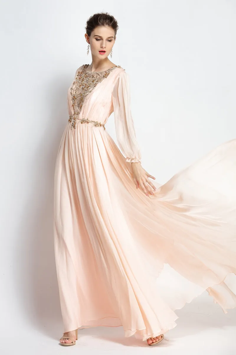 A-Line Floor-length Sweep Brush Train Bateau Chiffon Long Sleeve Prom Dress with Beading and Pleats-334099