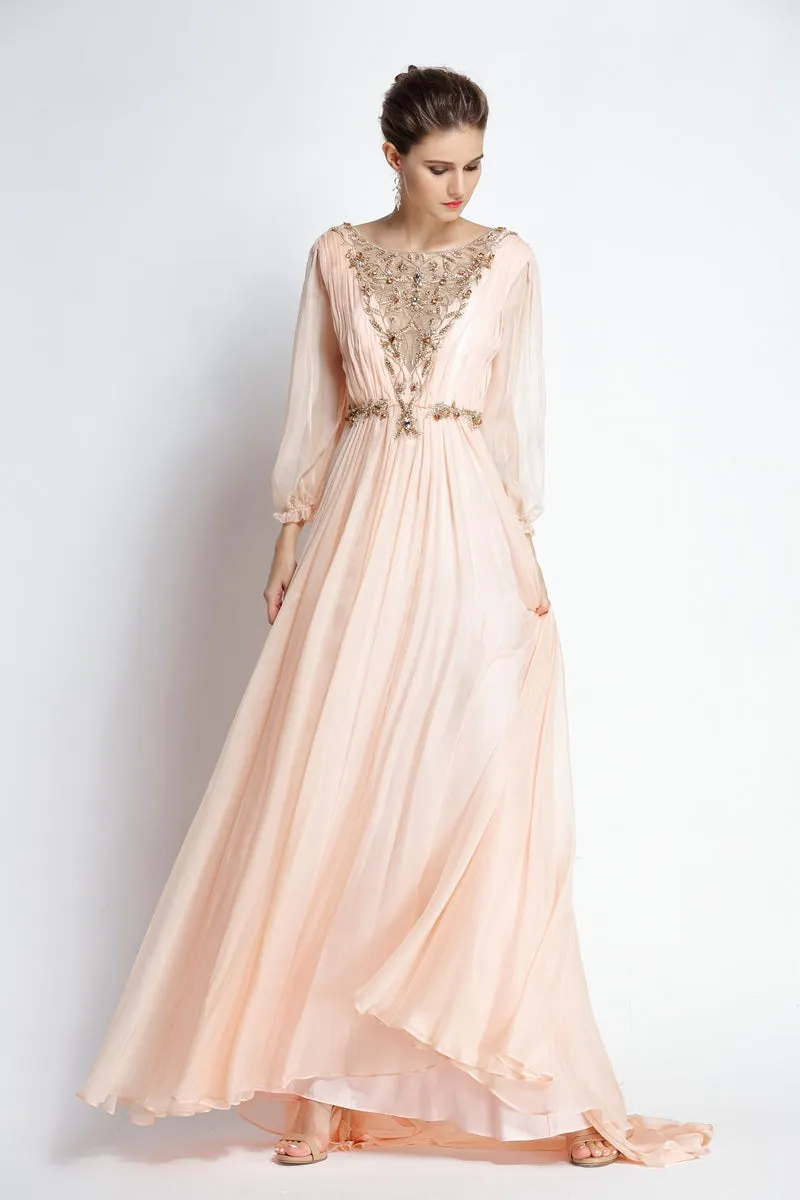 A-Line Floor-length Sweep Brush Train Bateau Chiffon Long Sleeve Prom Dress with Beading and Pleats-334099