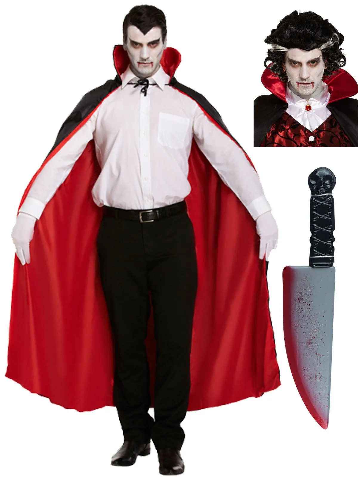 Adults Reversible Cape Vampire Wig Fake Blooded Large Knife 38 Cm Halloween Dracula Vampire Fancy Dress Set