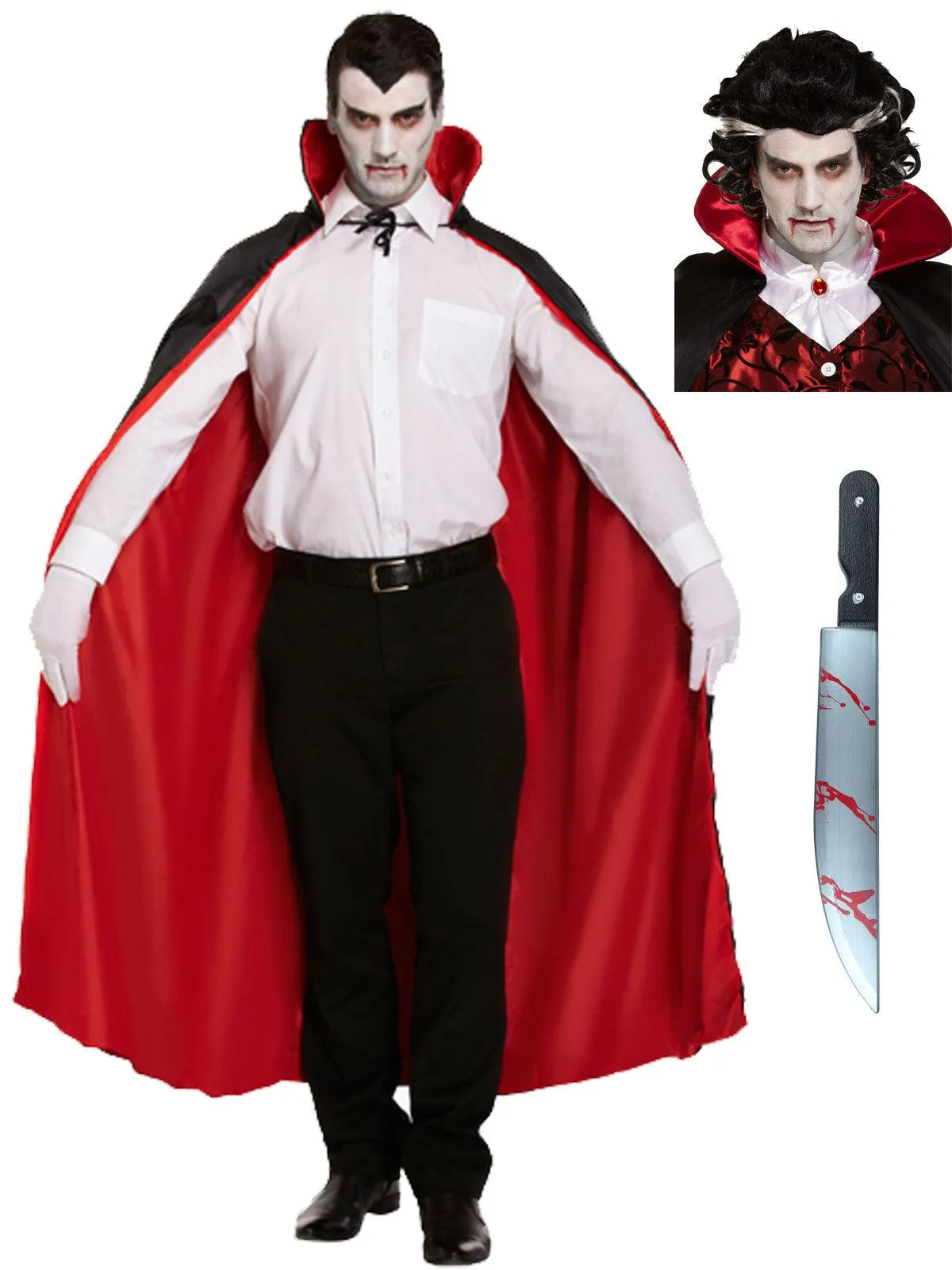 Adults Reversible Red Cape Vampire Wig Fake Blooded Kitchen Knife Halloween Dracula Vampire Scary Fancy Dress Costume