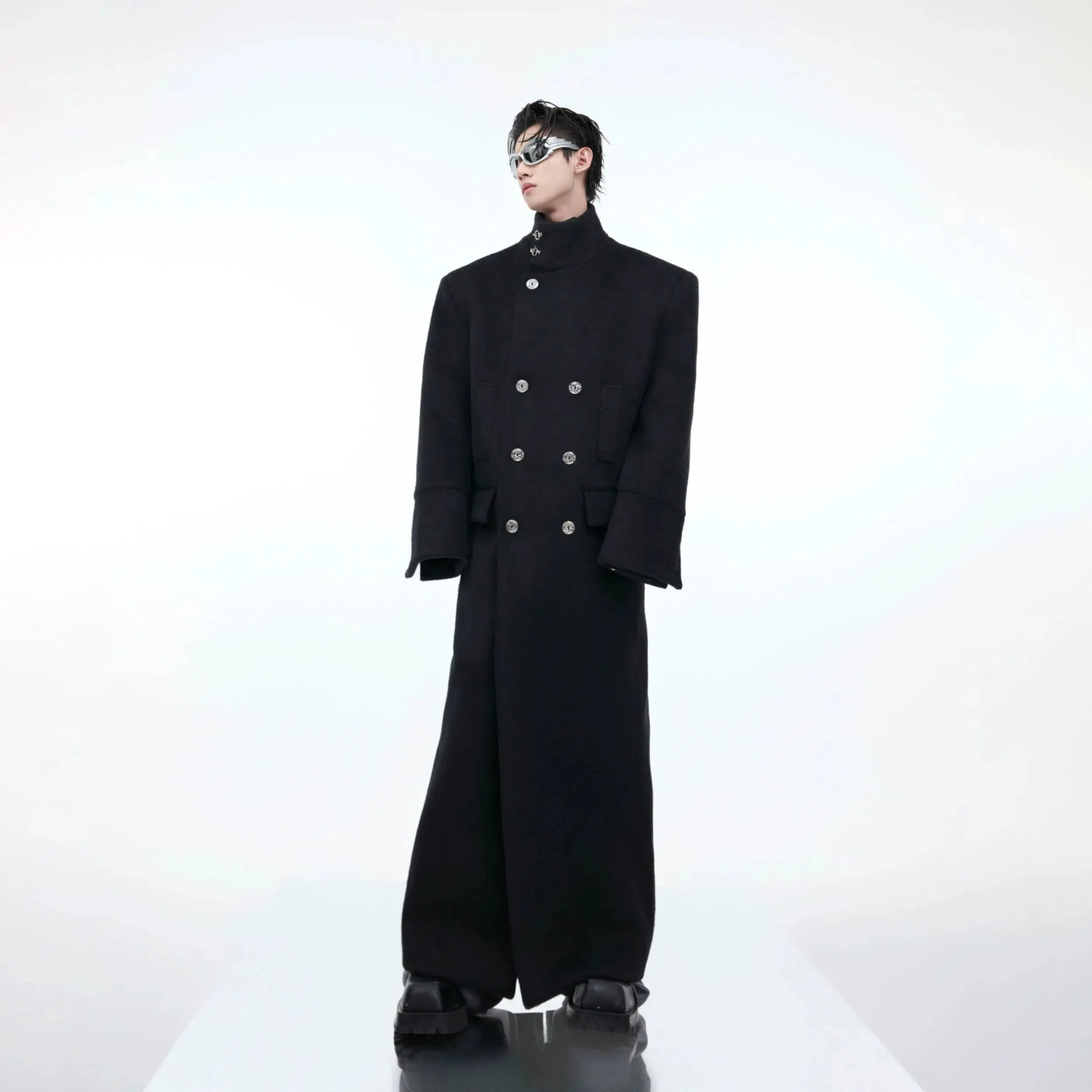 Airplane Button Stand Collar Wool Coat