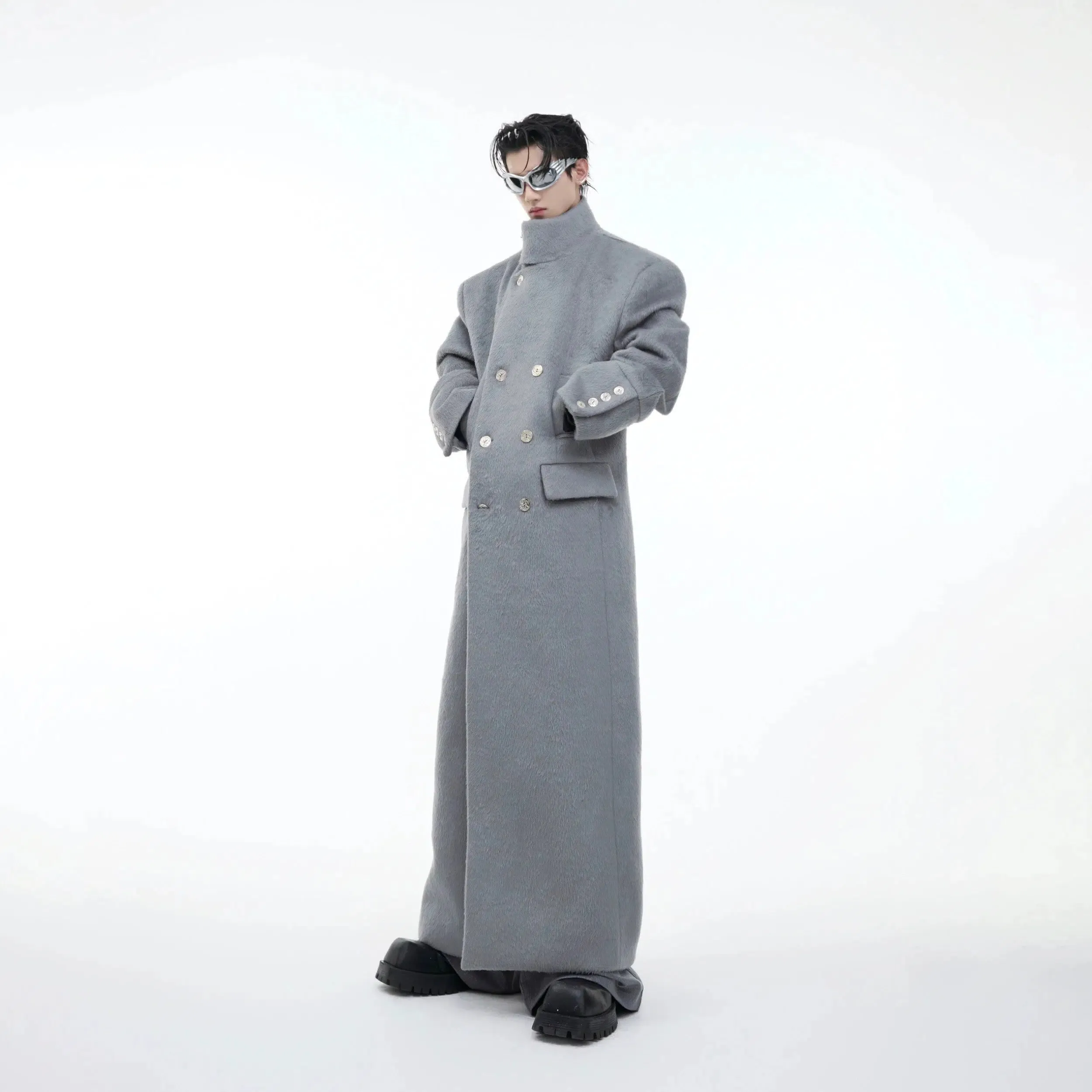 Airplane Button Stand Collar Wool Coat