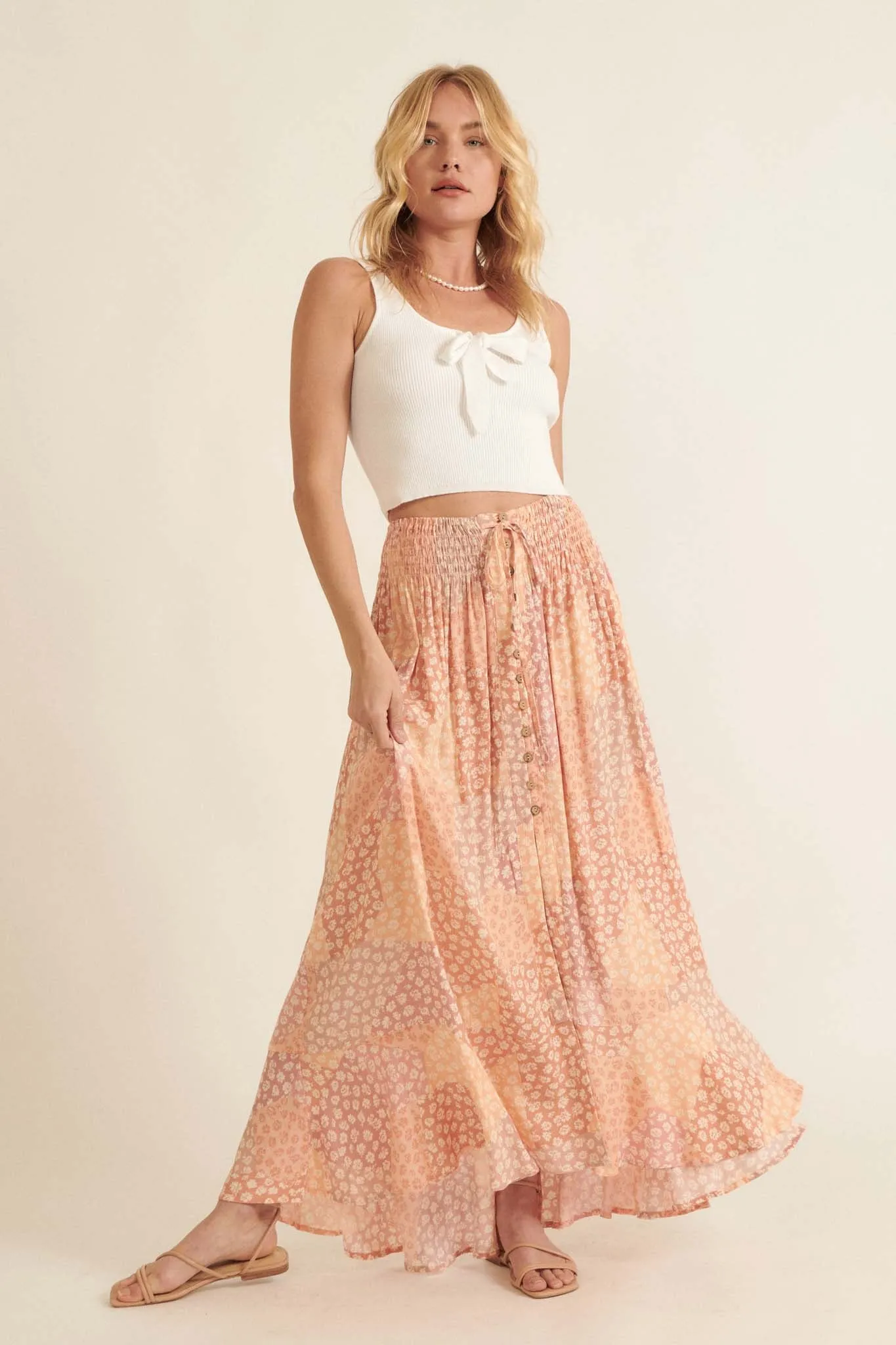 Almost Paradise Floral Patchwork-Print Maxi Skirt