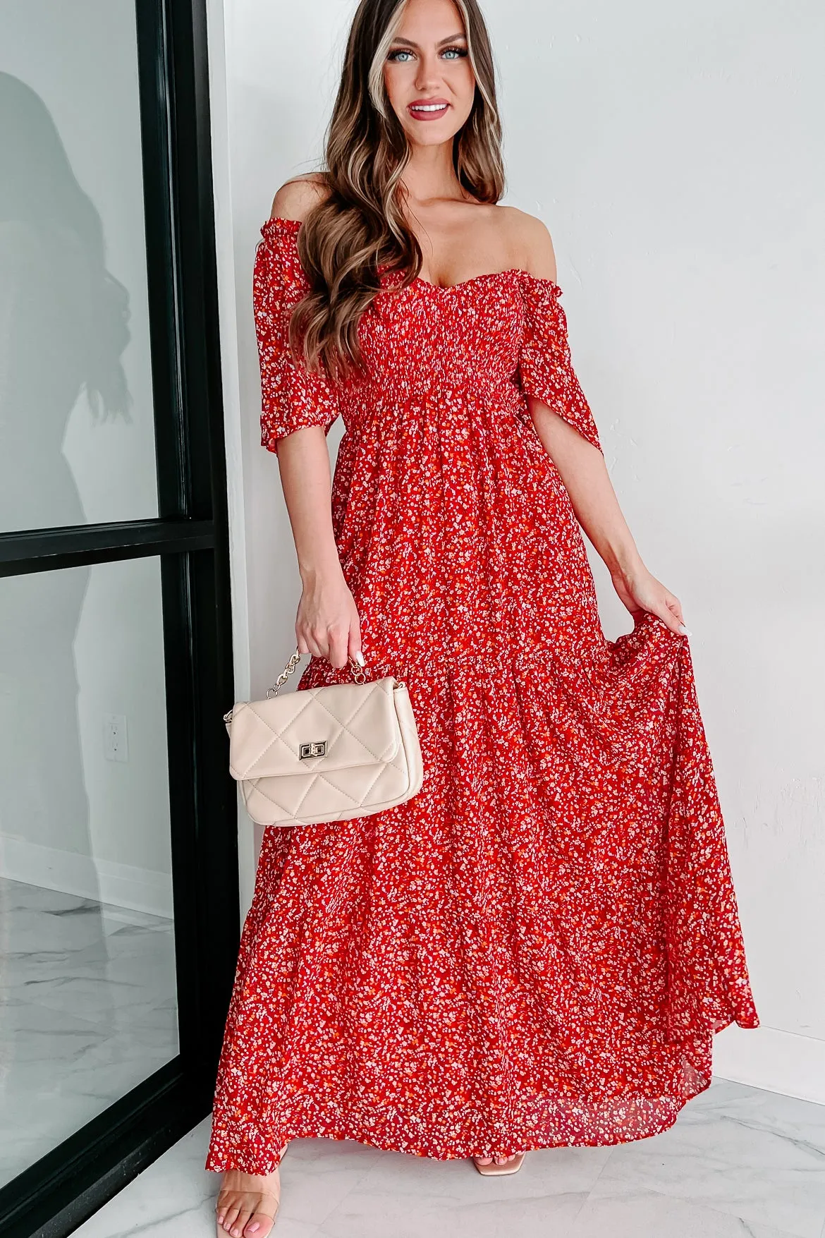 Always Sweet Floral Smocked Maxi Dress (Red)