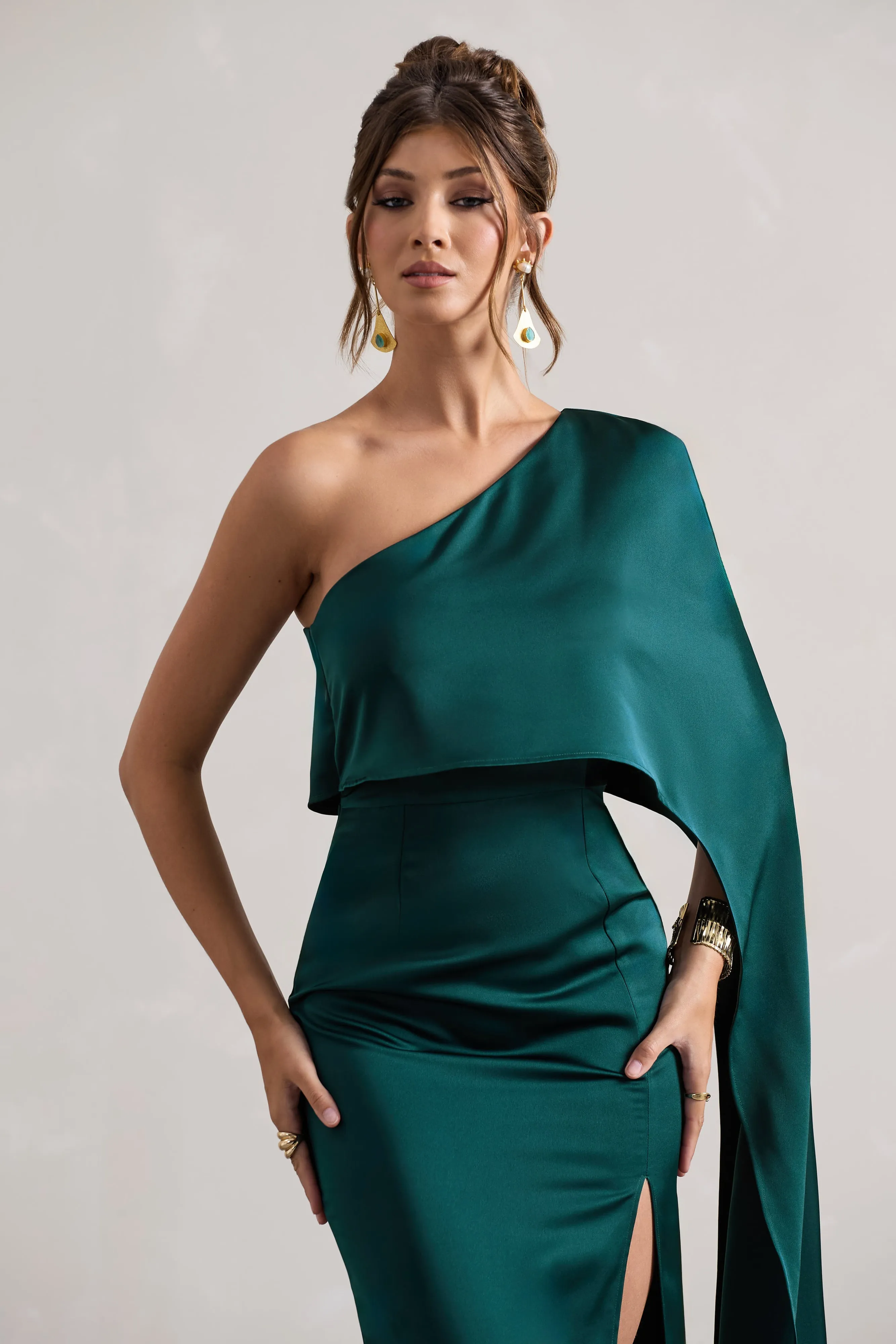 Amora | Bottle Green Satin Asymmetric Cape-Sleeve Split Maxi Dress