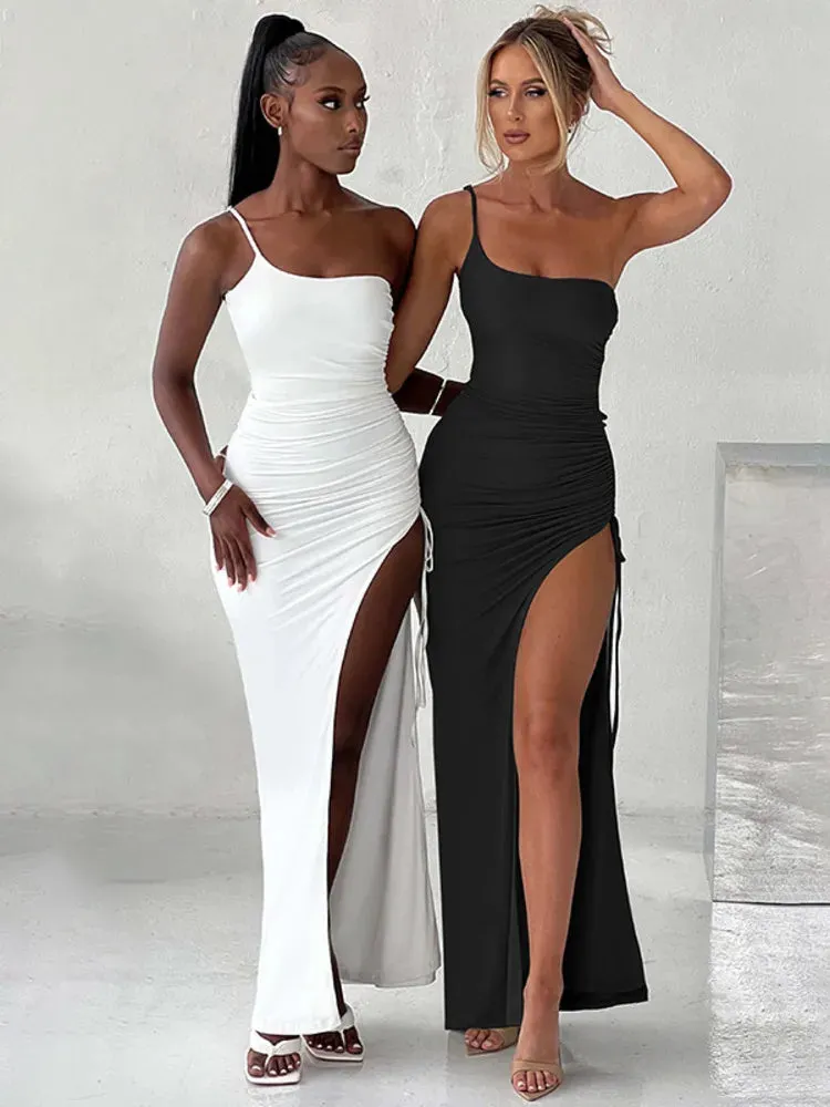 Amozae-A One Shoulder Strap Thigh High Split Maxi Dress For Women Robe Sleeveless Backless Bodycon Sexy Club Party Long Dress