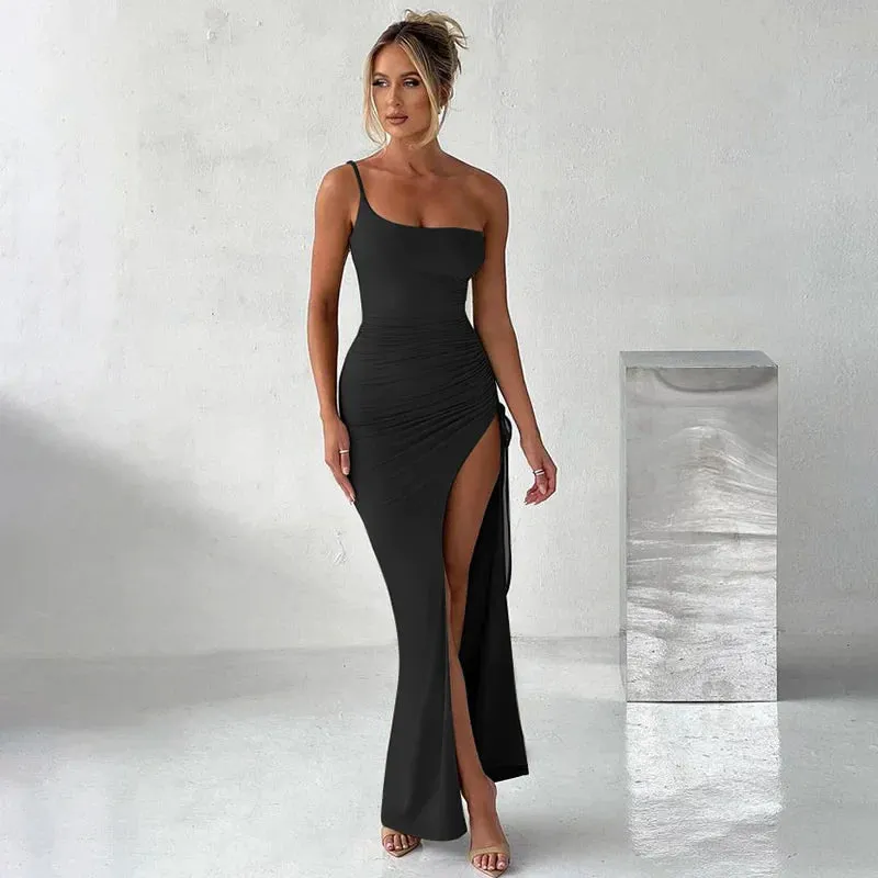 Amozae-A One Shoulder Strap Thigh High Split Maxi Dress For Women Robe Sleeveless Backless Bodycon Sexy Club Party Long Dress