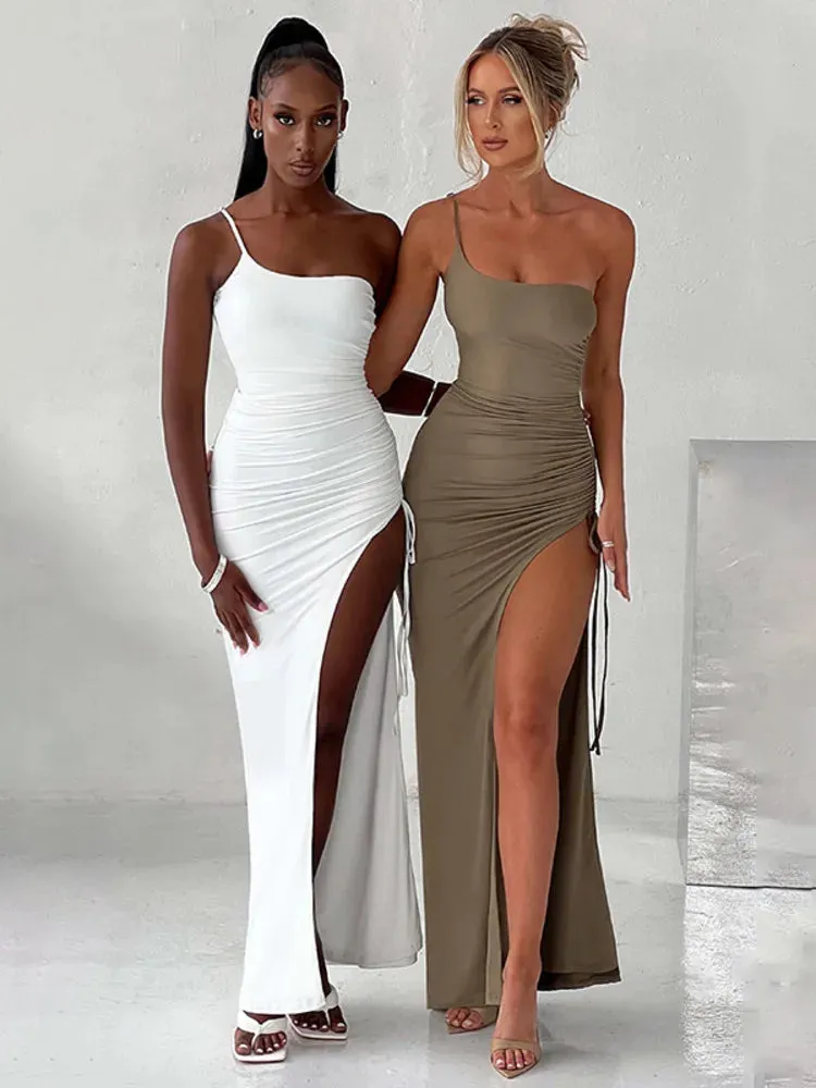 Amozae-A One Shoulder Strap Thigh High Split Maxi Dress For Women Robe Sleeveless Backless Bodycon Sexy Club Party Long Dress