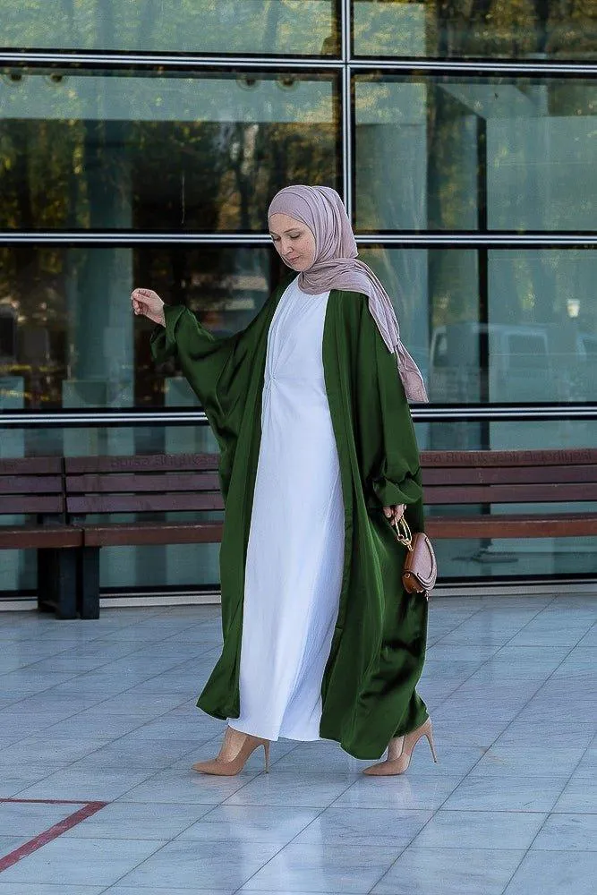 Army Green Loves open front maxi satin abaya throw over