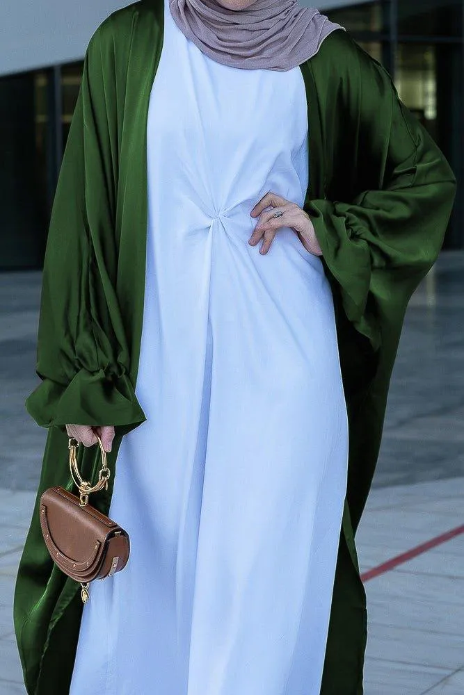 Army Green Loves open front maxi satin abaya throw over