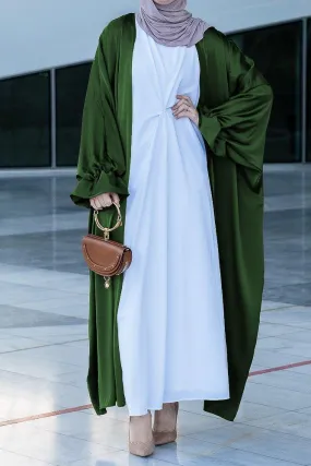 Army Green Loves open front maxi satin abaya throw over