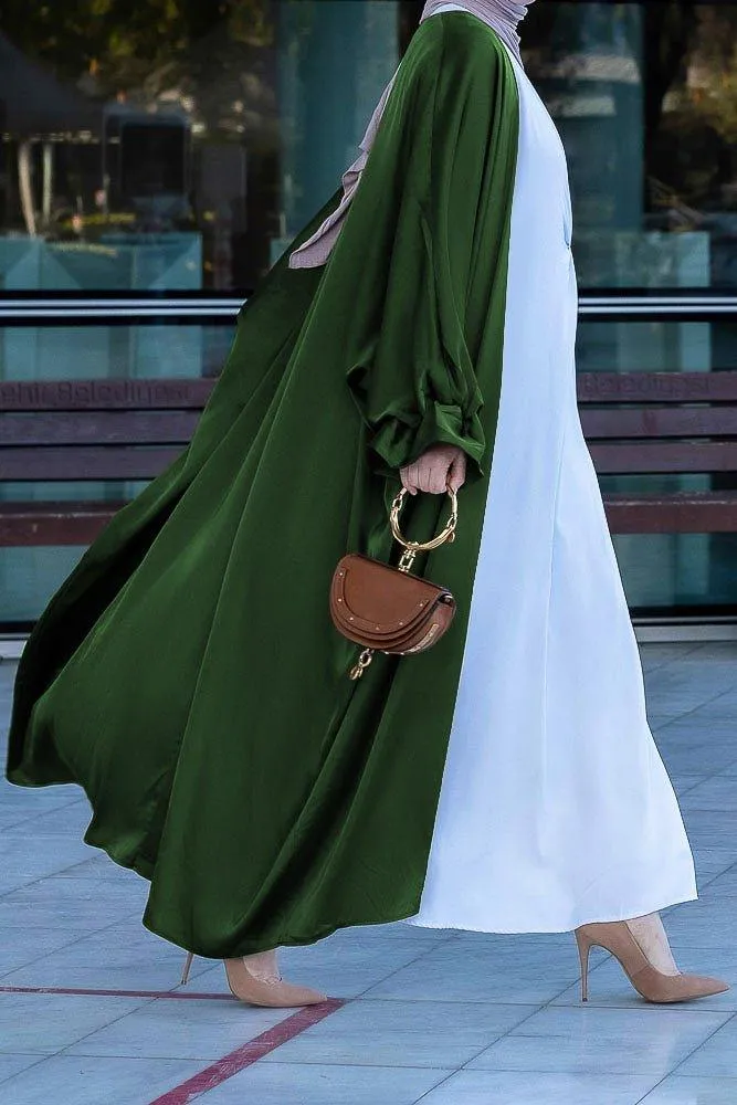 Army Green Loves open front maxi satin abaya throw over