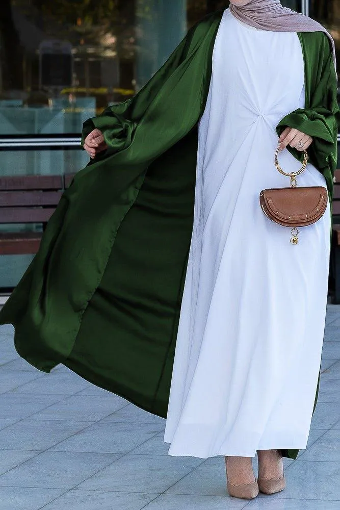 Army Green Loves open front maxi satin abaya throw over