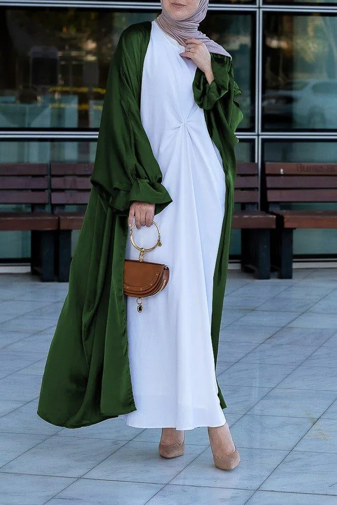 Army Green Loves open front maxi satin abaya throw over