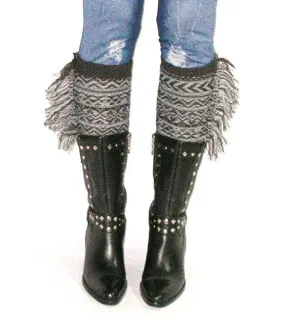 Aztec Boho Boot Cuffs With Fringe Gray And Charcoal Southwestern Cowgirl Leg Warmers