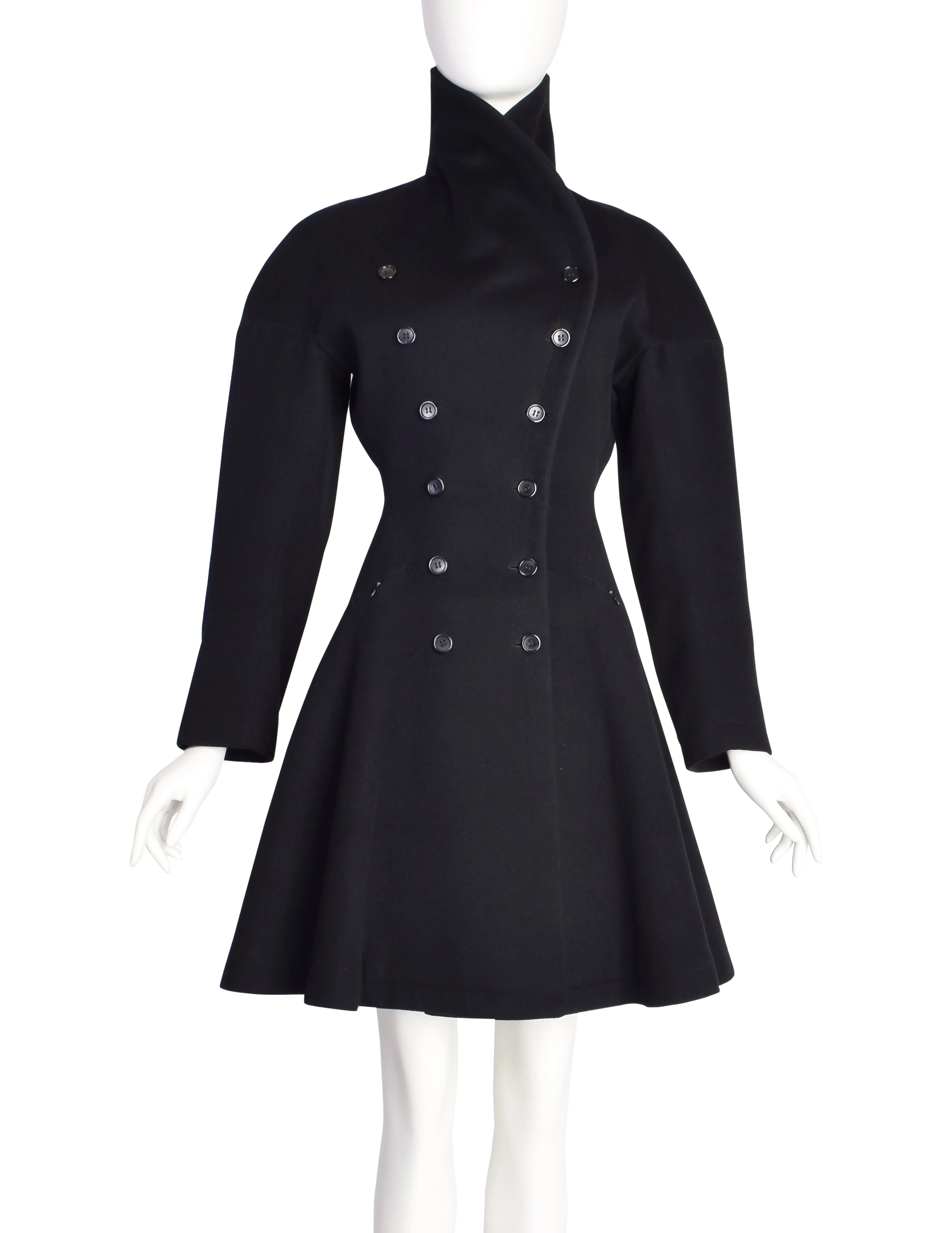 Azzedine Alaia Vintage AW 1986 Black Wool Curved Collar Double Breasted Hourglass Princess Coat