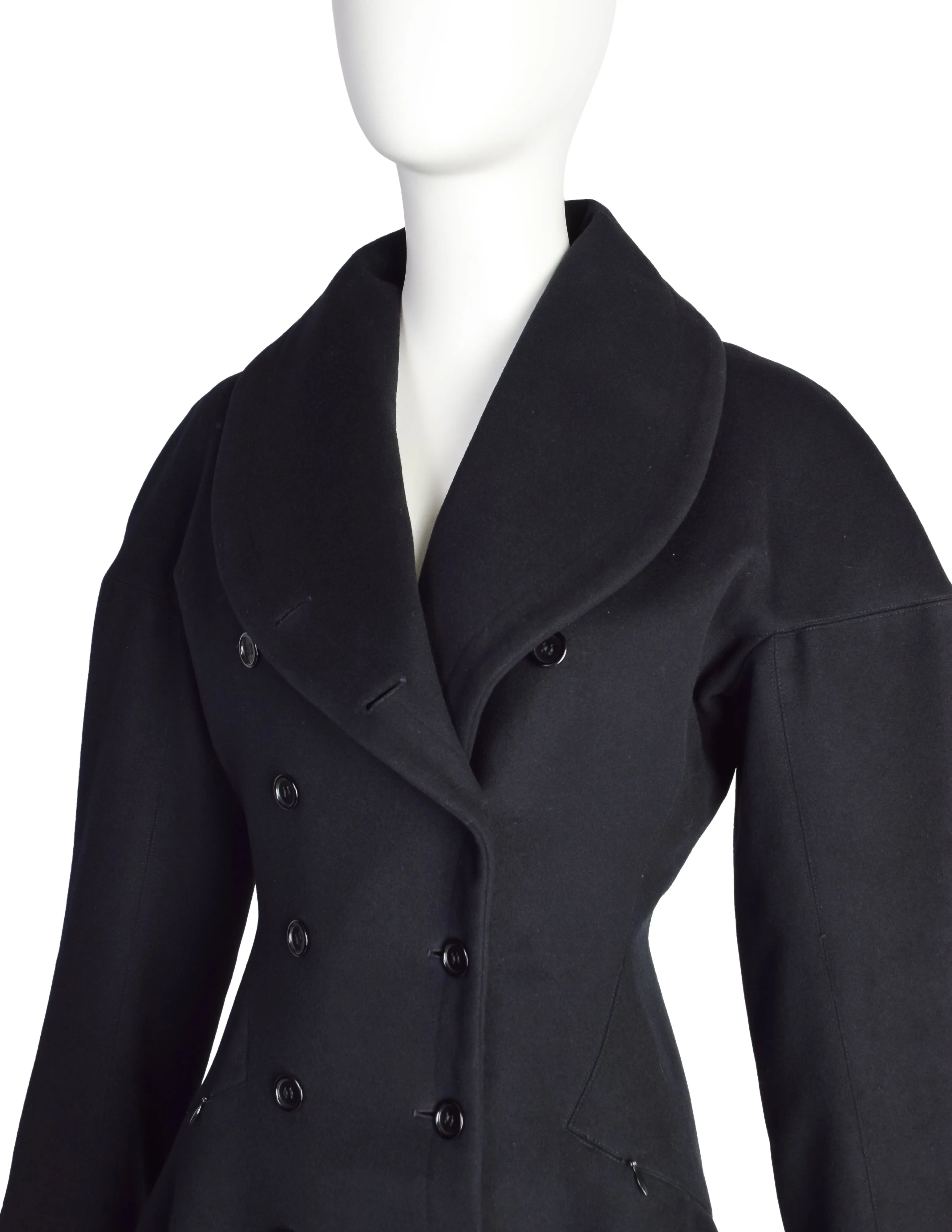 Azzedine Alaia Vintage AW 1986 Black Wool Curved Collar Double Breasted Hourglass Princess Coat