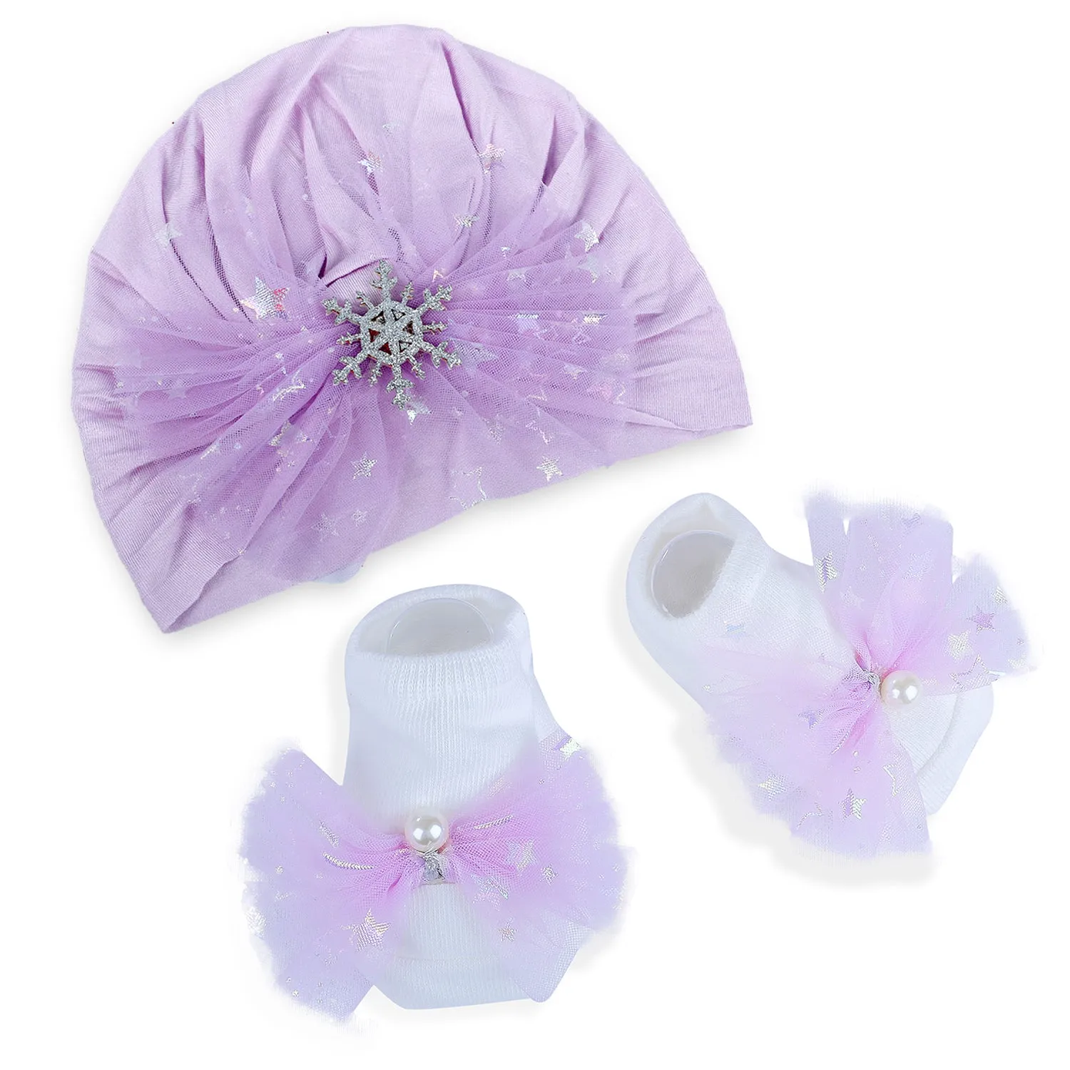 Baby Moo Elegant Pearl Matching Cap And Socks Set - Purple