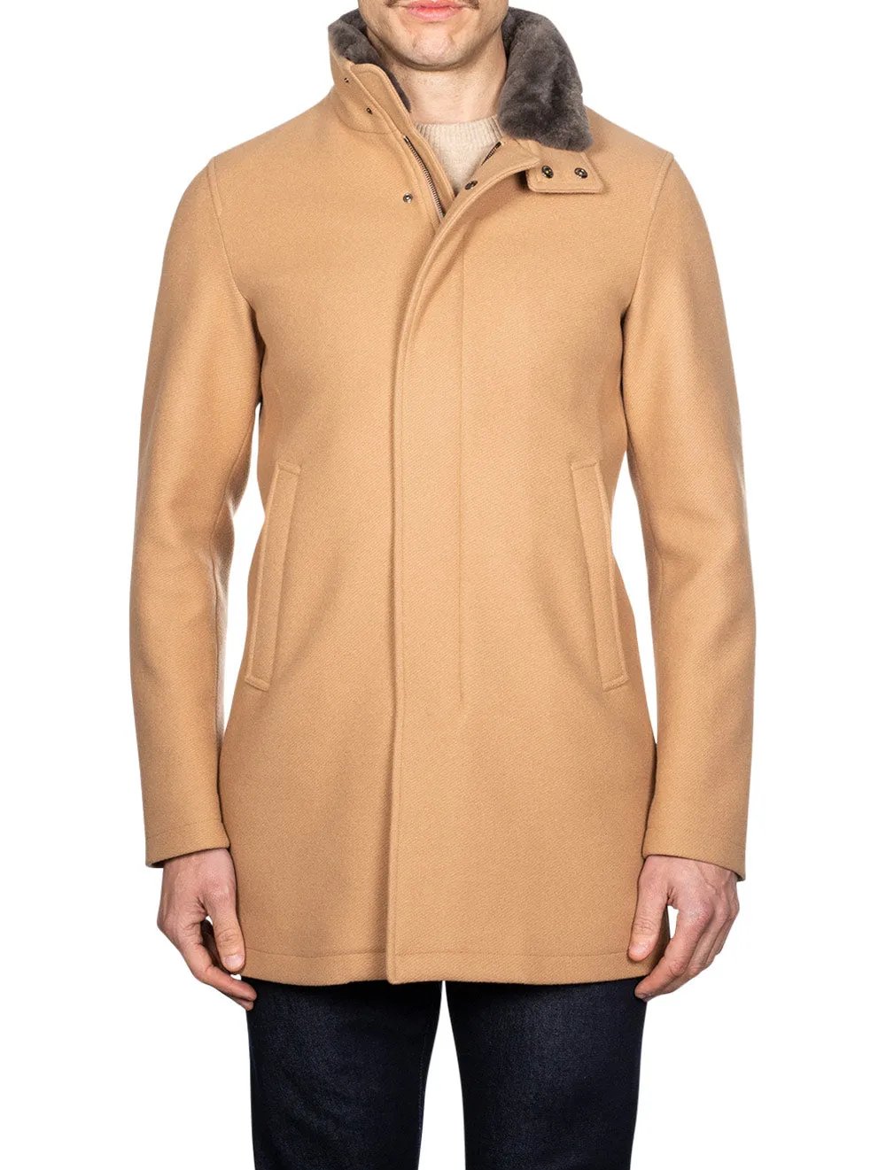 Beaver Fur Collar Car Coat Camel