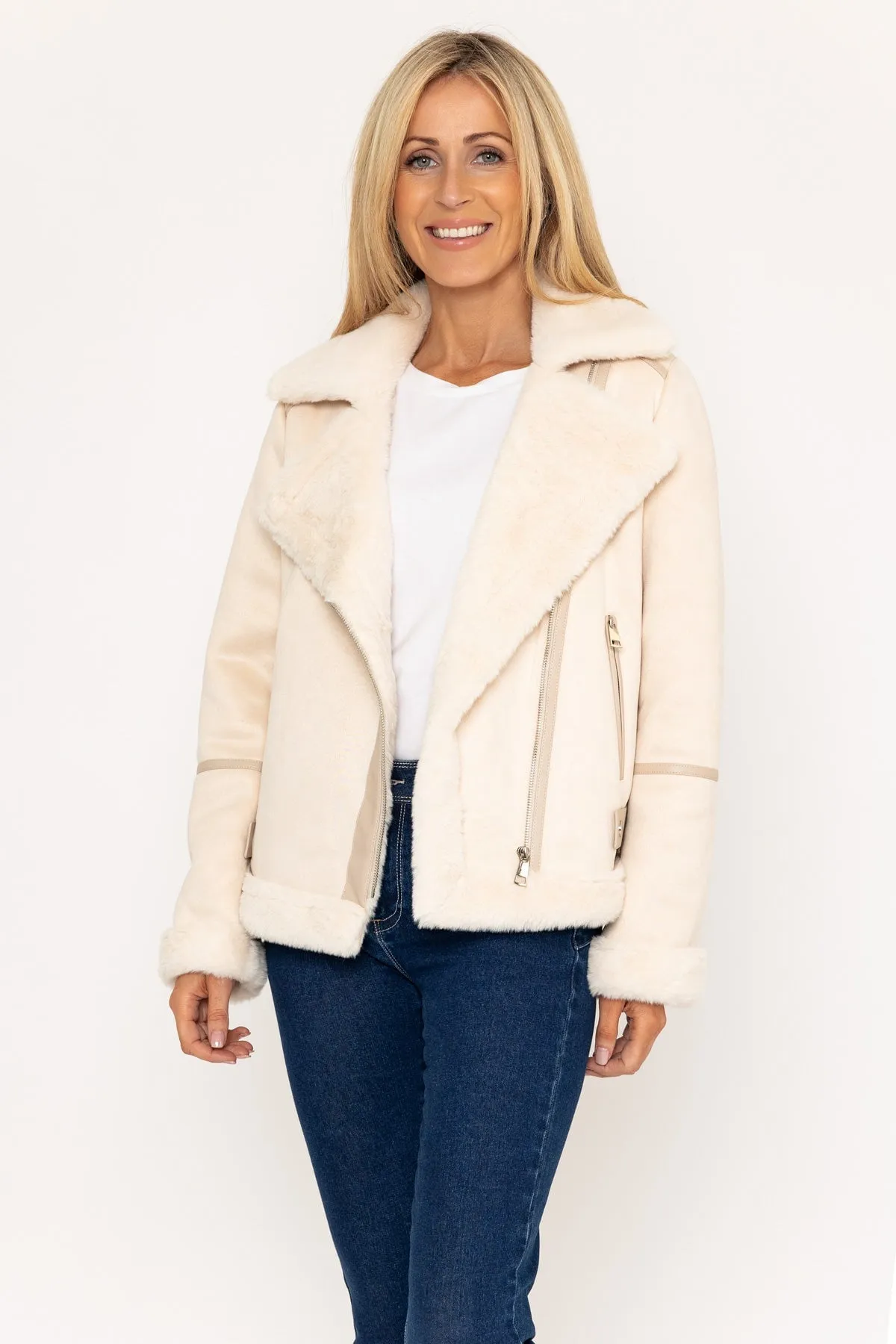 Beige Bonded Faux Fur & Suede Jacket