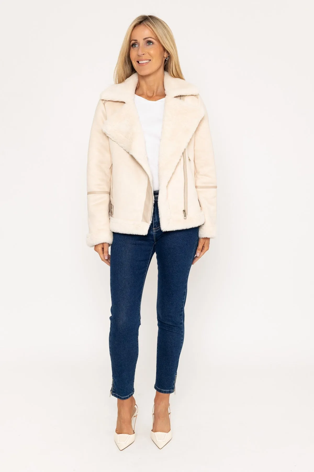 Beige Bonded Faux Fur & Suede Jacket