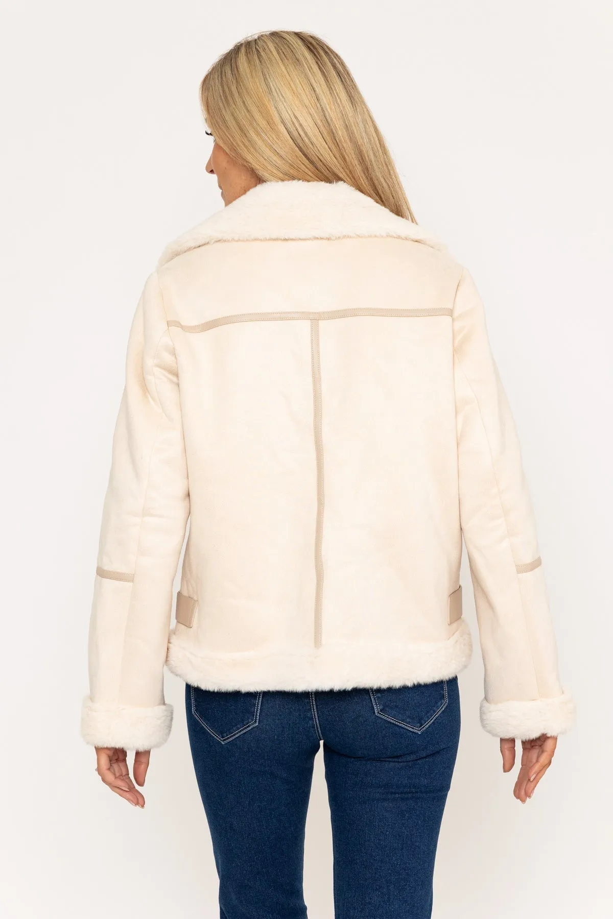 Beige Bonded Faux Fur & Suede Jacket