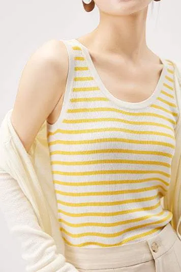 Bi-color Border Pattern Knit Tank Tops - 4 Colors Available