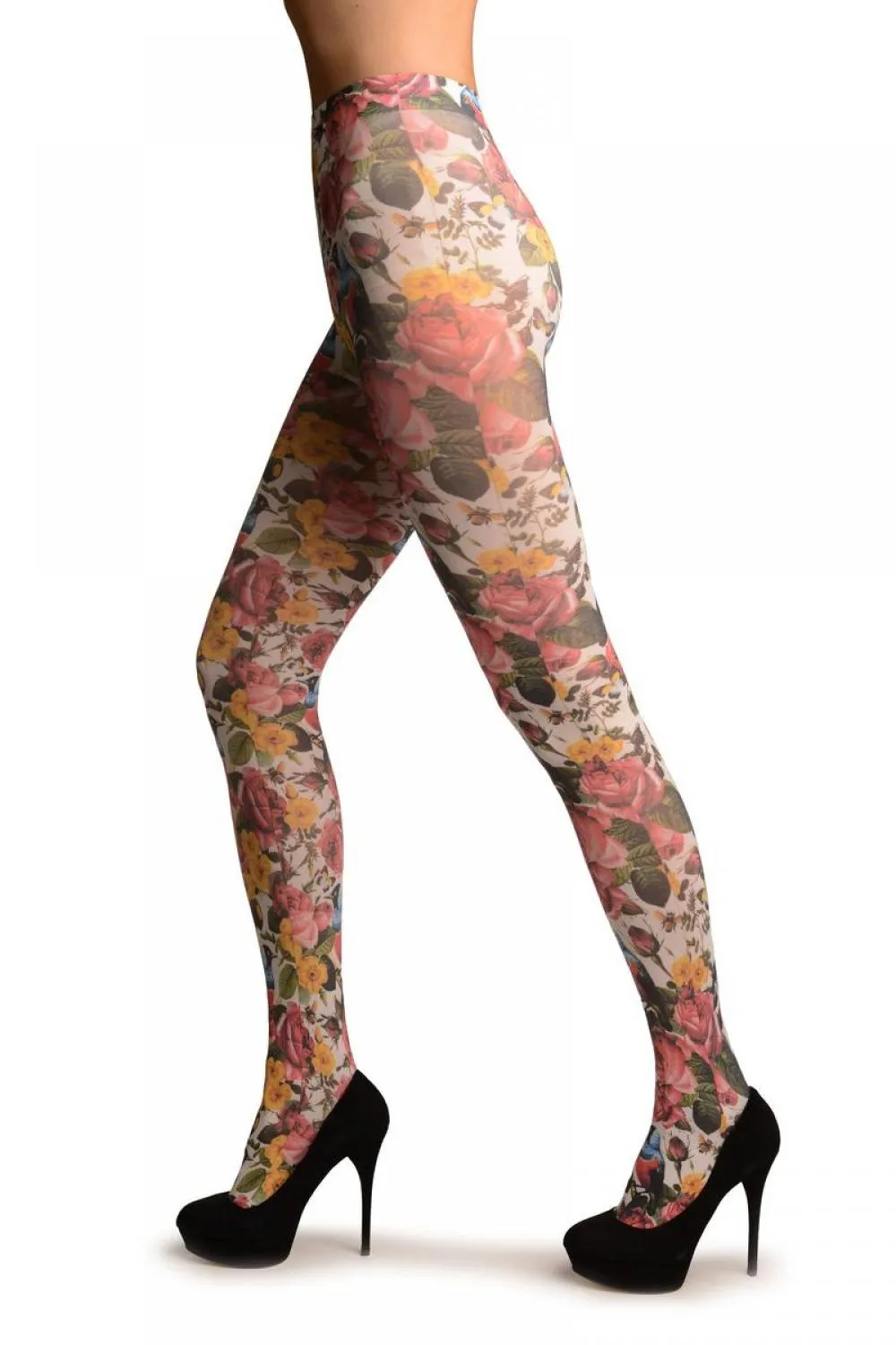 Birds & Roses On White Printed Tights