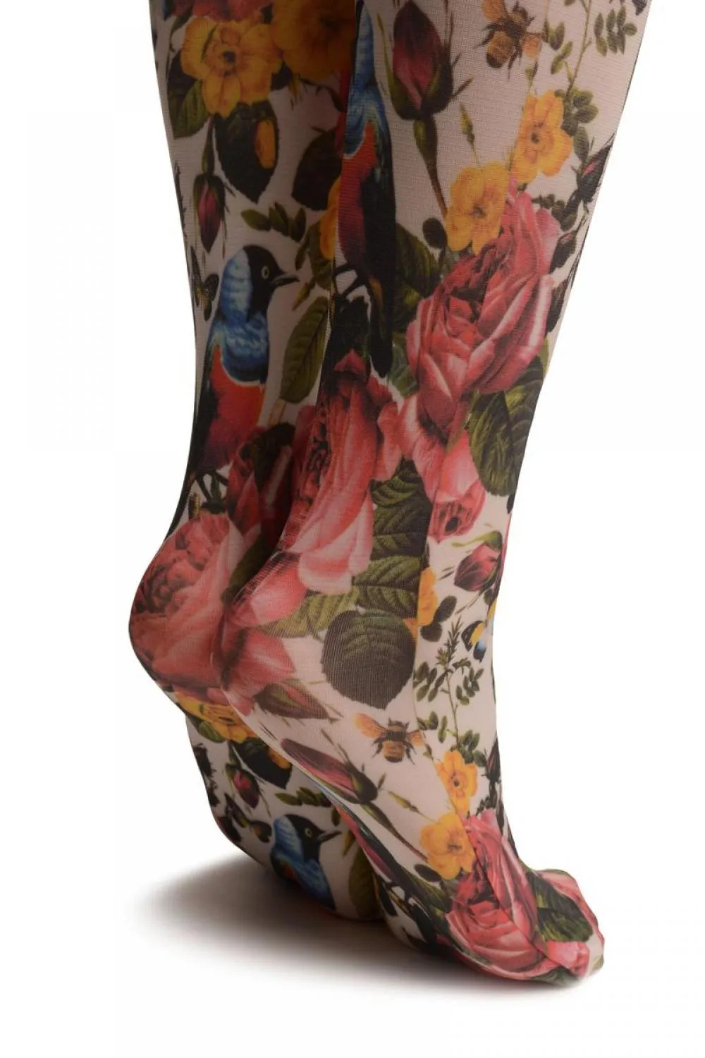 Birds & Roses On White Printed Tights