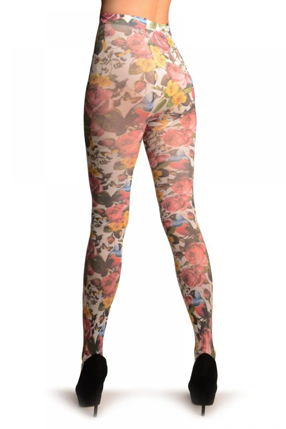 Birds & Roses On White Printed Tights