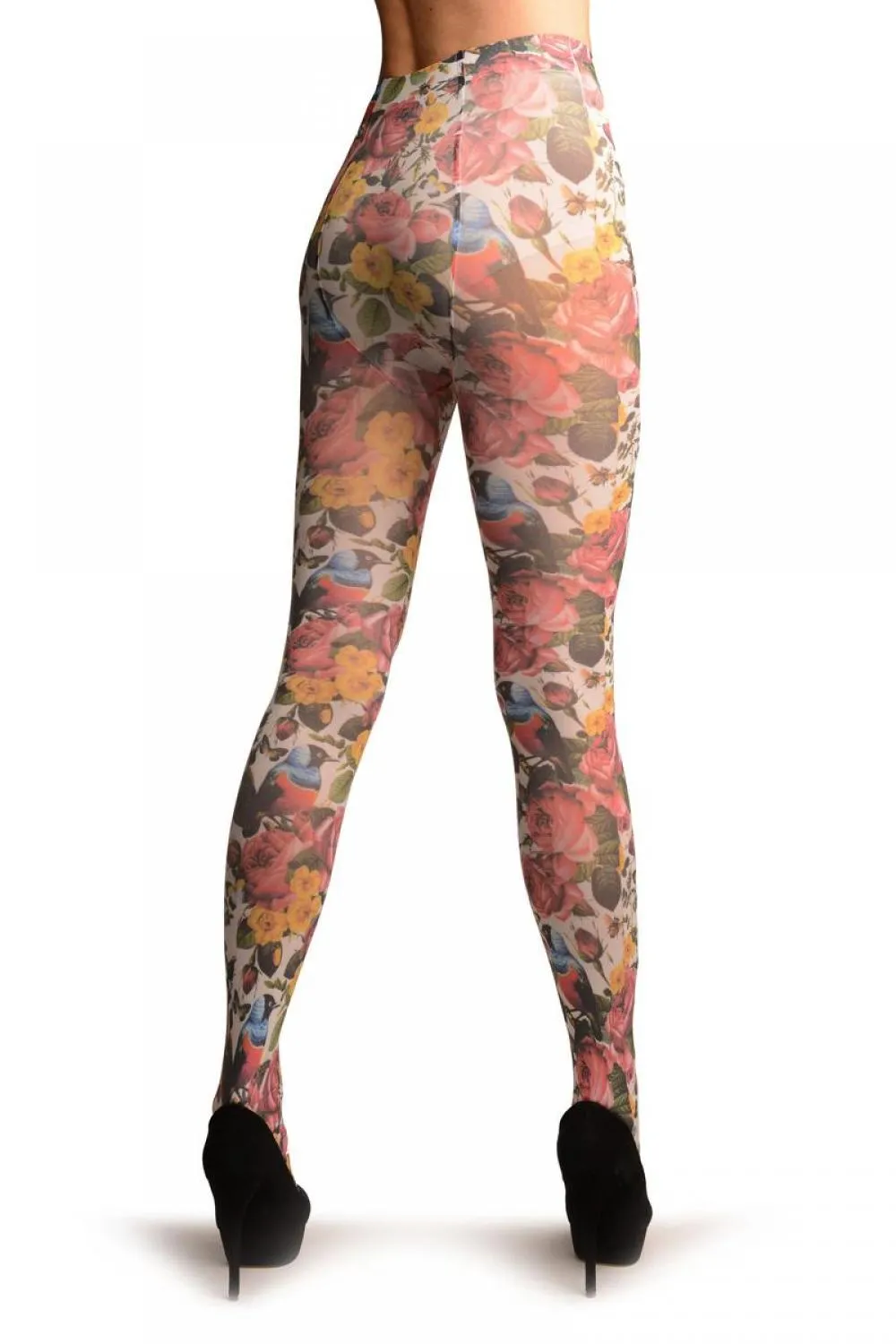 Birds & Roses On White Printed Tights