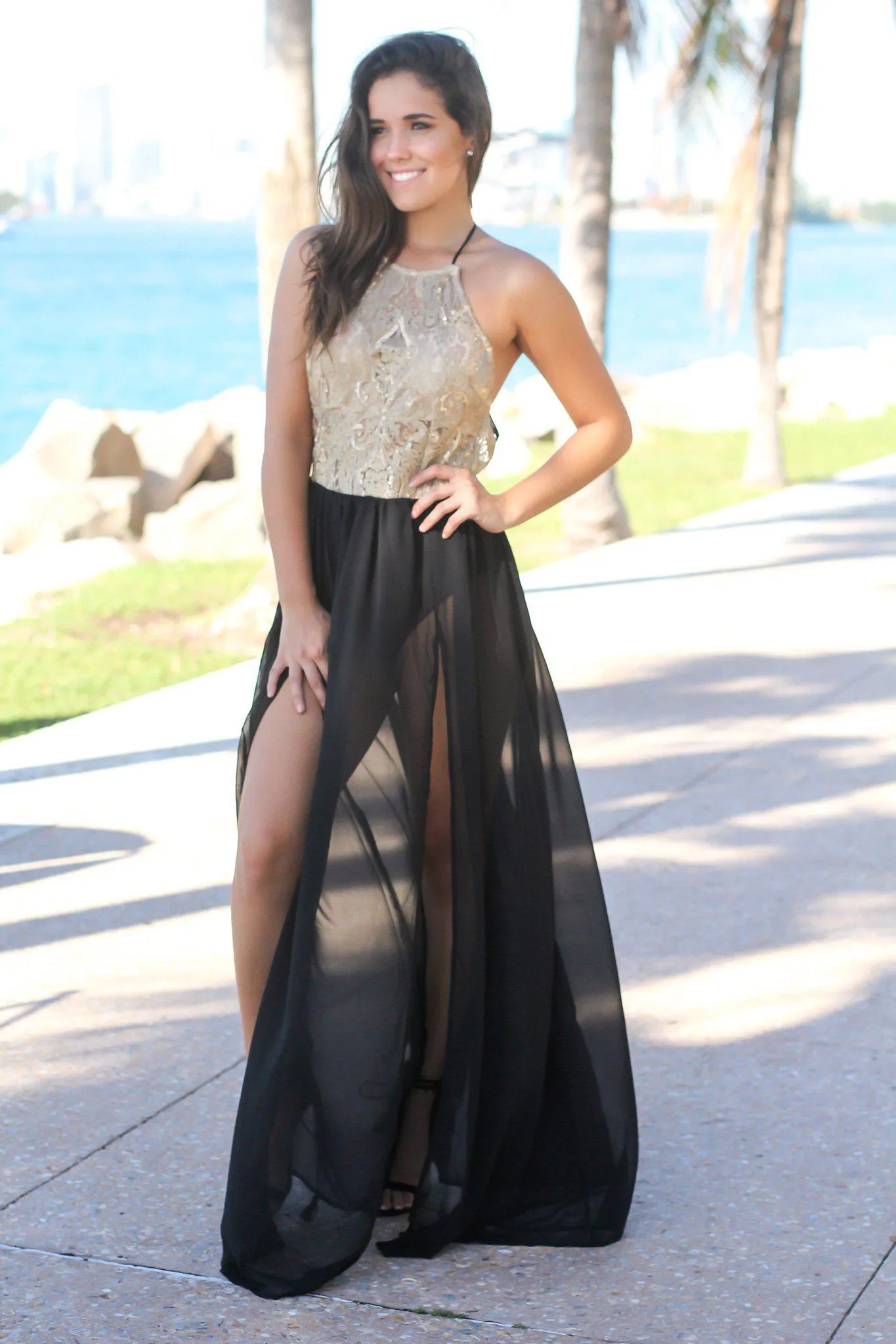 Black and Gold Maxi Dress with Open Back