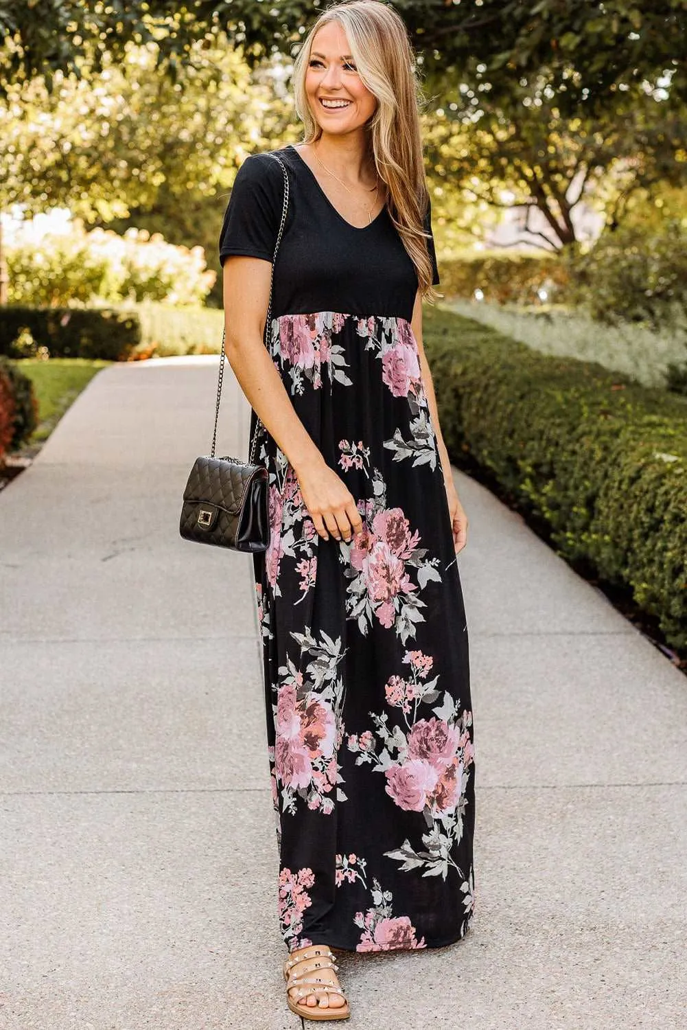 Black Contrast Floral Empire Waist Maxi Dress