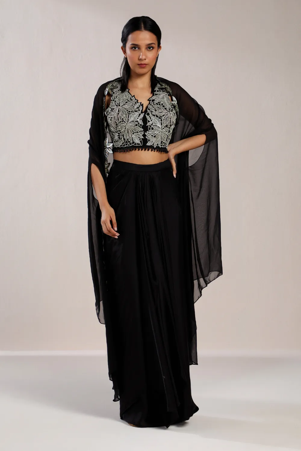 Black Draped Skirt And Cape Set