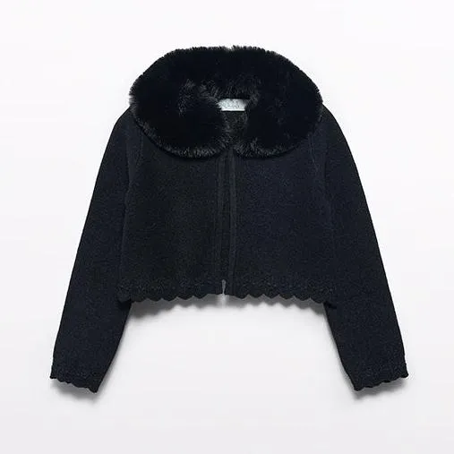 Black Faux Fur Collar Cardigan