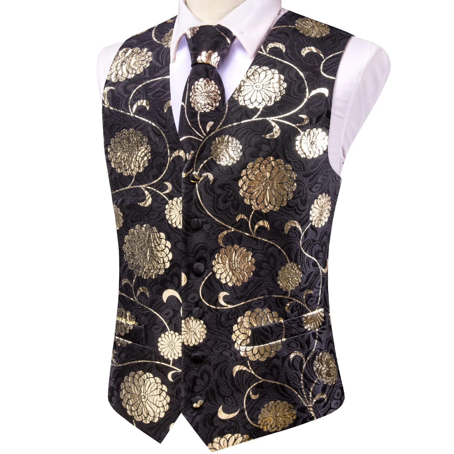 Black Golden Flower Floral Jacquard Silk Men's Vest Hanky Cufflinks Tie Set