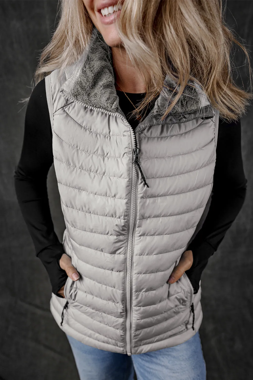 Black Plush Collared Quilted Zipped Puffer Vest