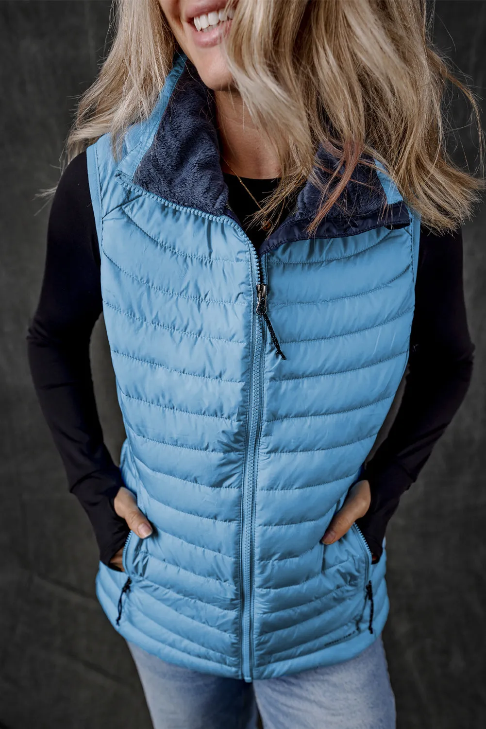 Black Plush Collared Quilted Zipped Puffer Vest